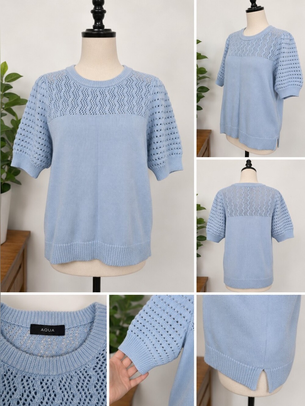 AQUA Light Blue Knit Sweater Top Short Sleeve Size M Cotton